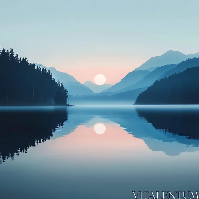 Twilight Over Lake: Mountains and Reflected Silhouettes AI Image