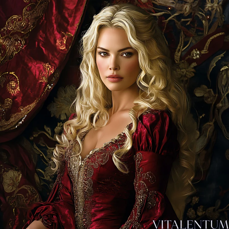 Opulent Renaissance Woman Portrait in Red AI Image