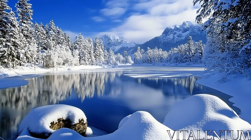 Tranquil Snowy Lake with Mountain Background AI Image