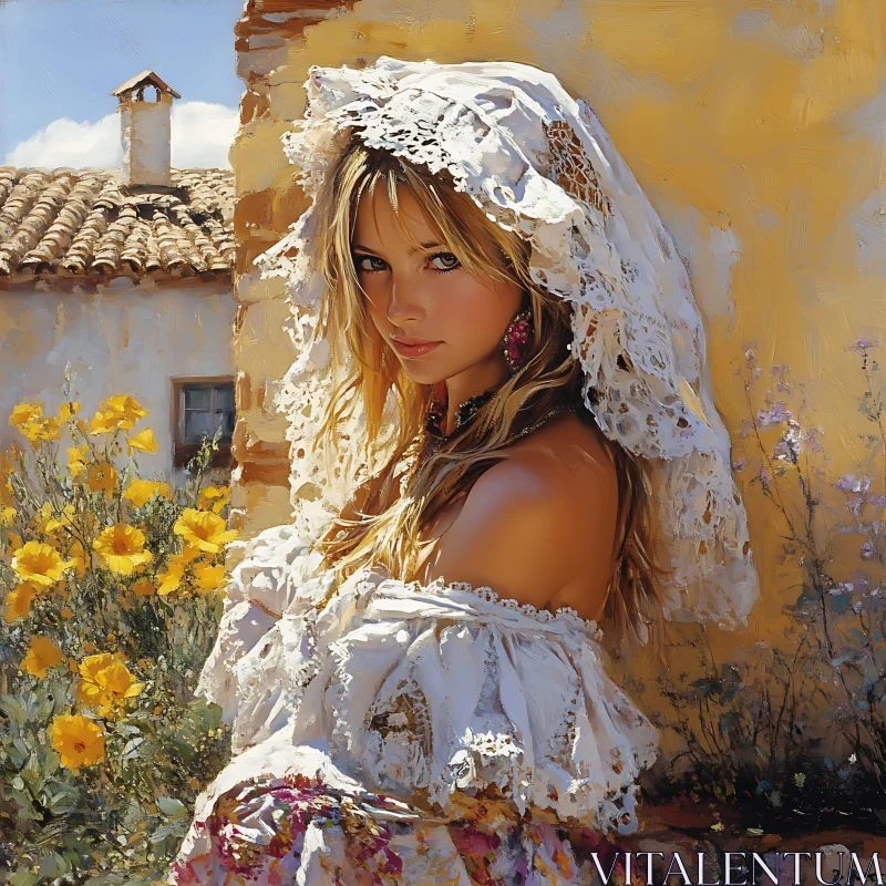 Woman with Lace Veil Amidst Flowers and Sunlight AI Image