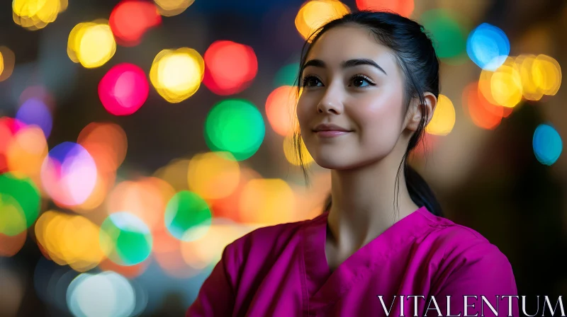 Smiling Woman with Bokeh Lights Background AI Image