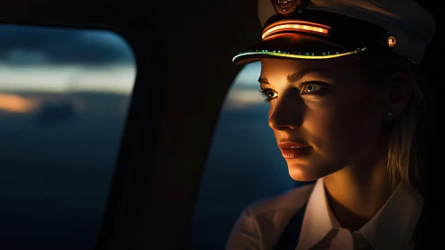 Pilot Gazes Out at Sunset Inside an Airplane