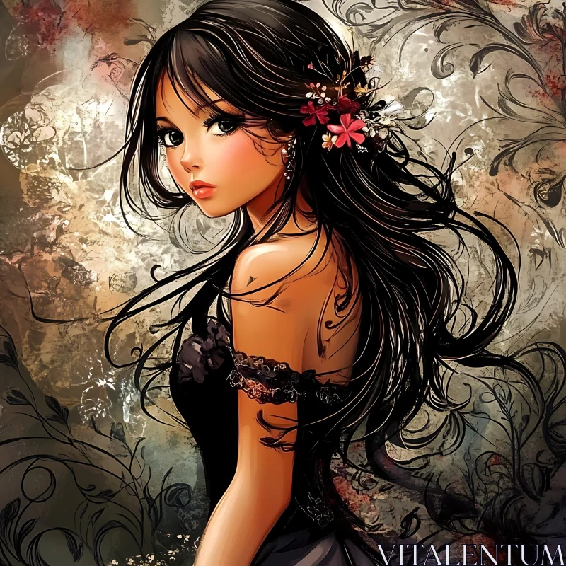 AI ART Exquisite Anime Portrait of a Woman with Flowers