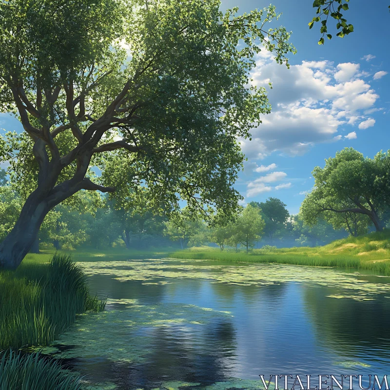 Tranquil Nature Scene with River and Trees AI Image