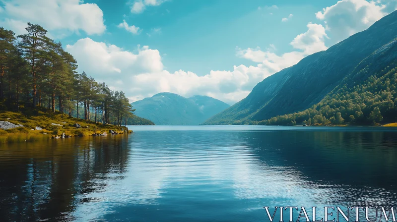 Tranquil Lake in Mountainous Forest Region AI Image