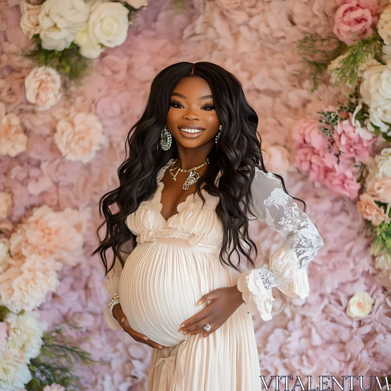 Joyful Pregnant Woman Floral Portrait AI Image