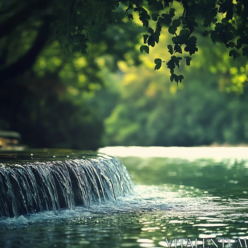 Serene River with Small Waterfall and Green Canopy AI Image