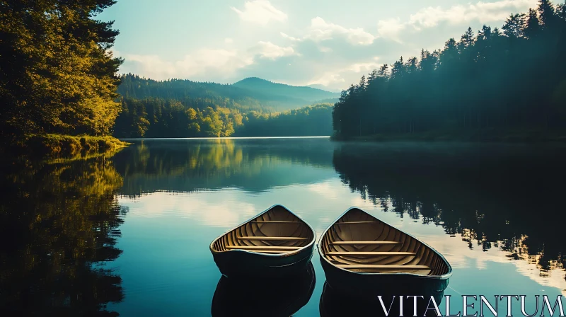 Calm Lake with Forest Reflection and Canoes AI Image