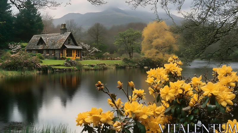 AI ART Peaceful Lakeside Cottage with Vibrant Yellow Blossoms