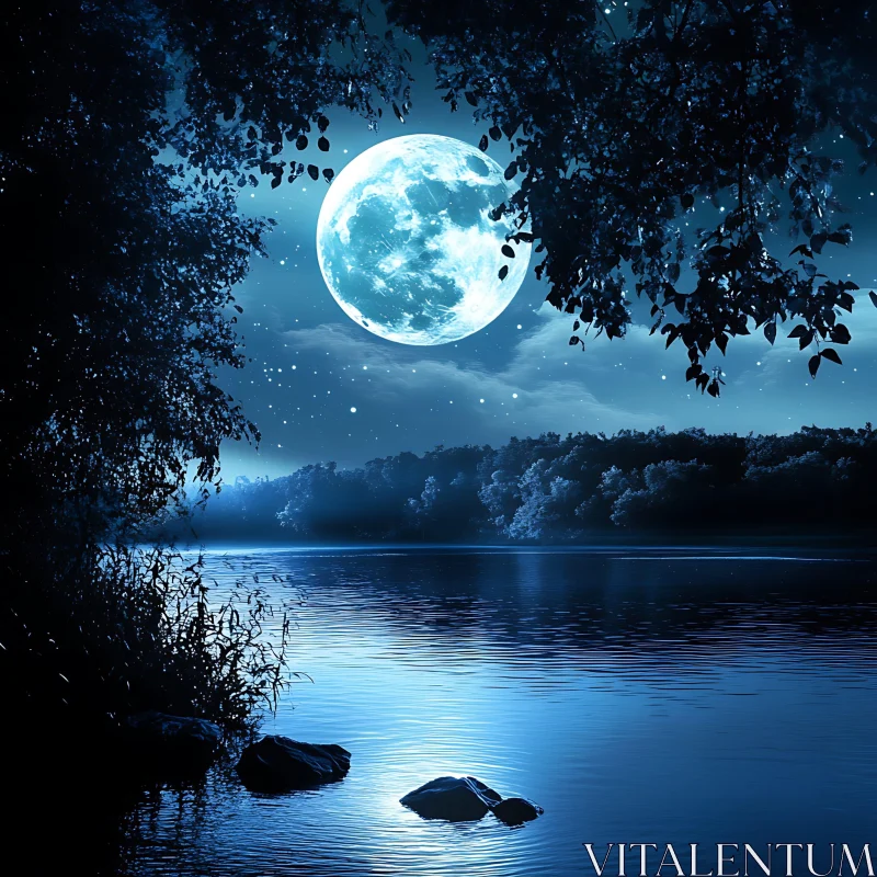 AI ART Tranquil Night by the Moonlit Lake