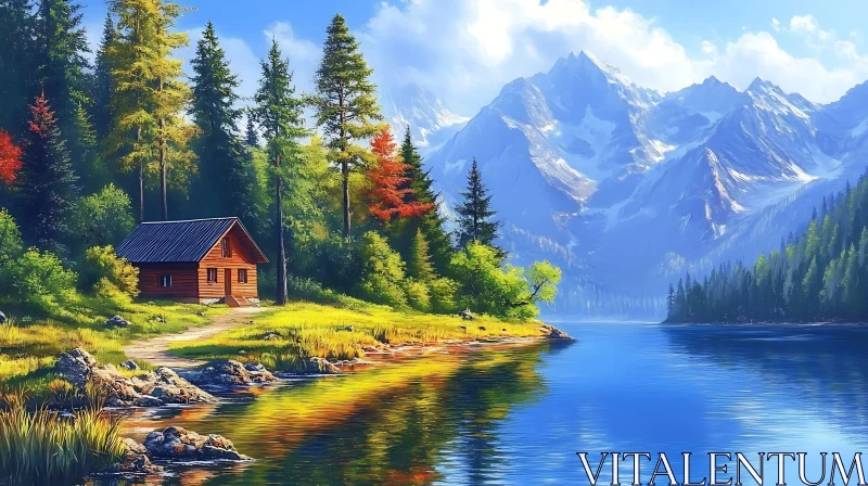 Peaceful Mountain Lake with Woodland Cabin AI Image