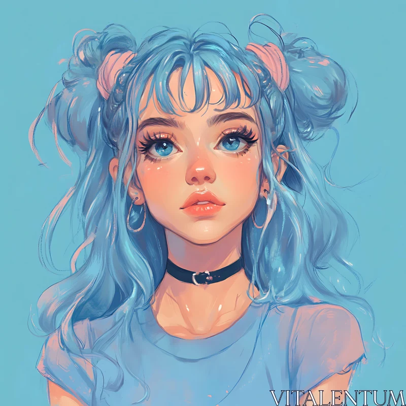 Digital Portrait of Blue-Haired Anime Girl AI Image