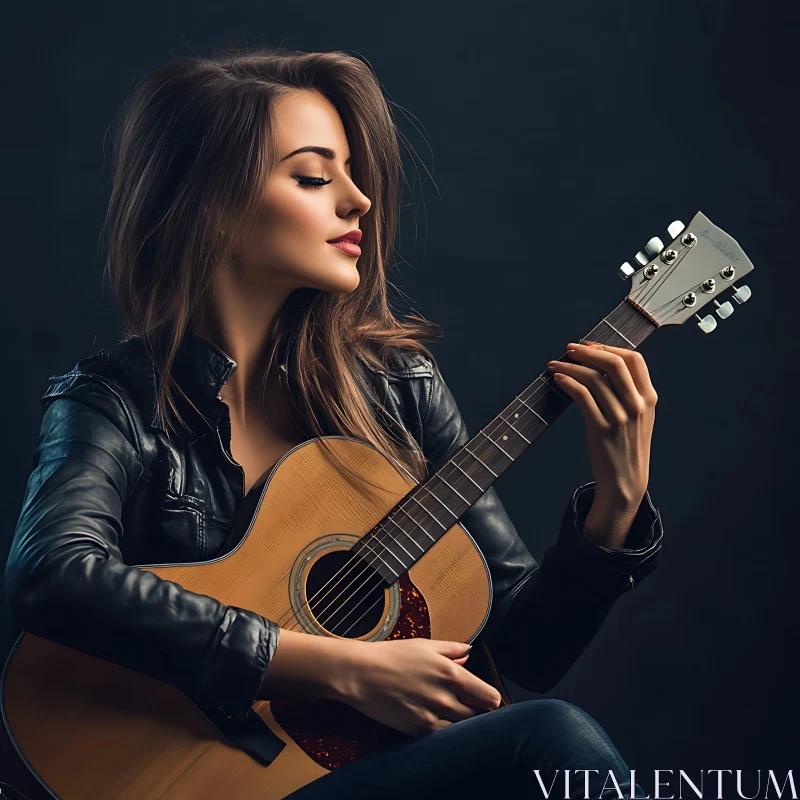 Serene Woman in Leather Jacket with Acoustic Guitar AI Image