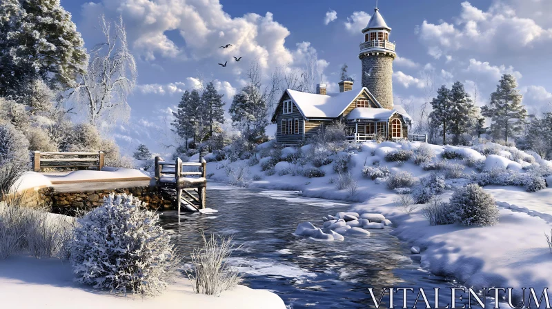 AI ART Snow-Covered Lighthouse and Cabin by the River