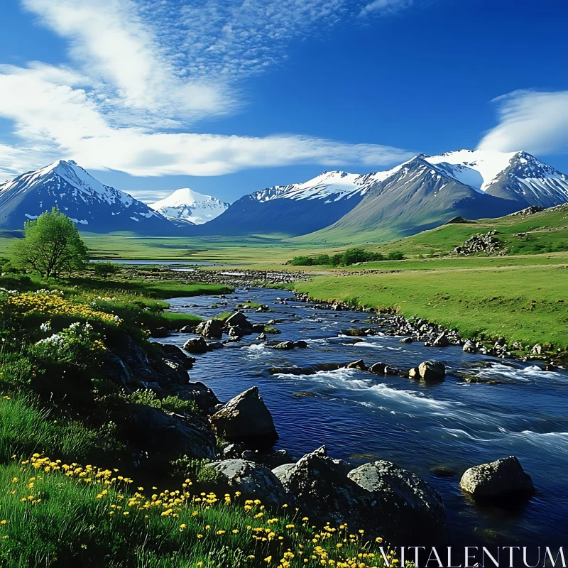 Idyllic Mountain River Landscape with Flowers AI Image