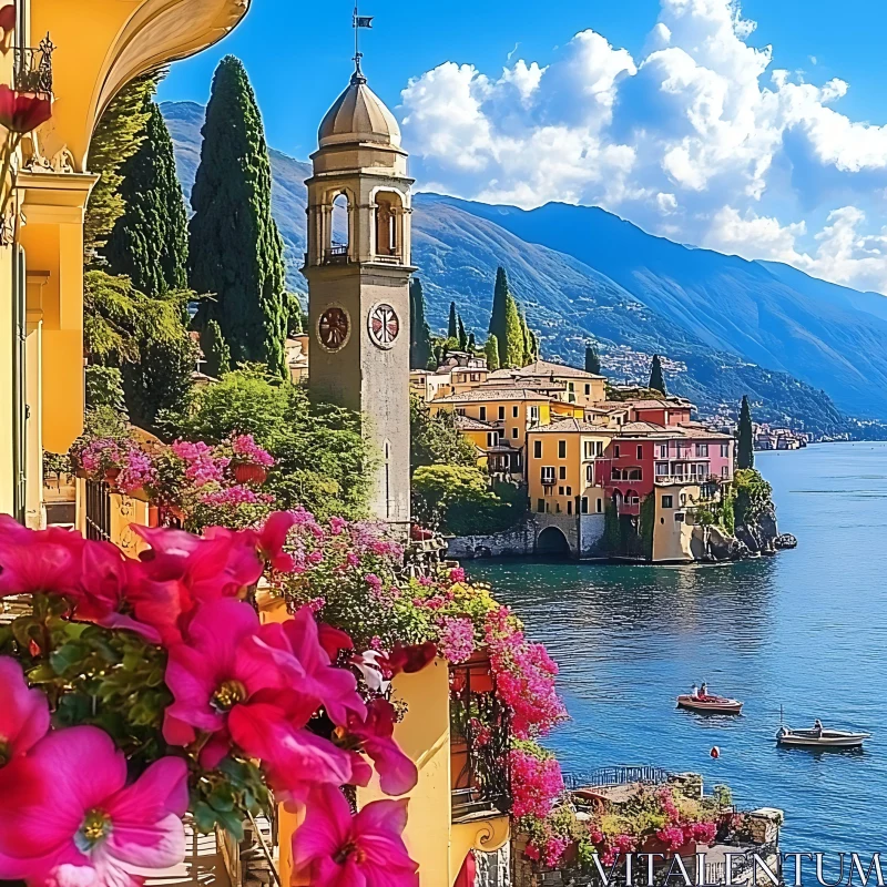 Picturesque Italian Village by the Lake AI Image