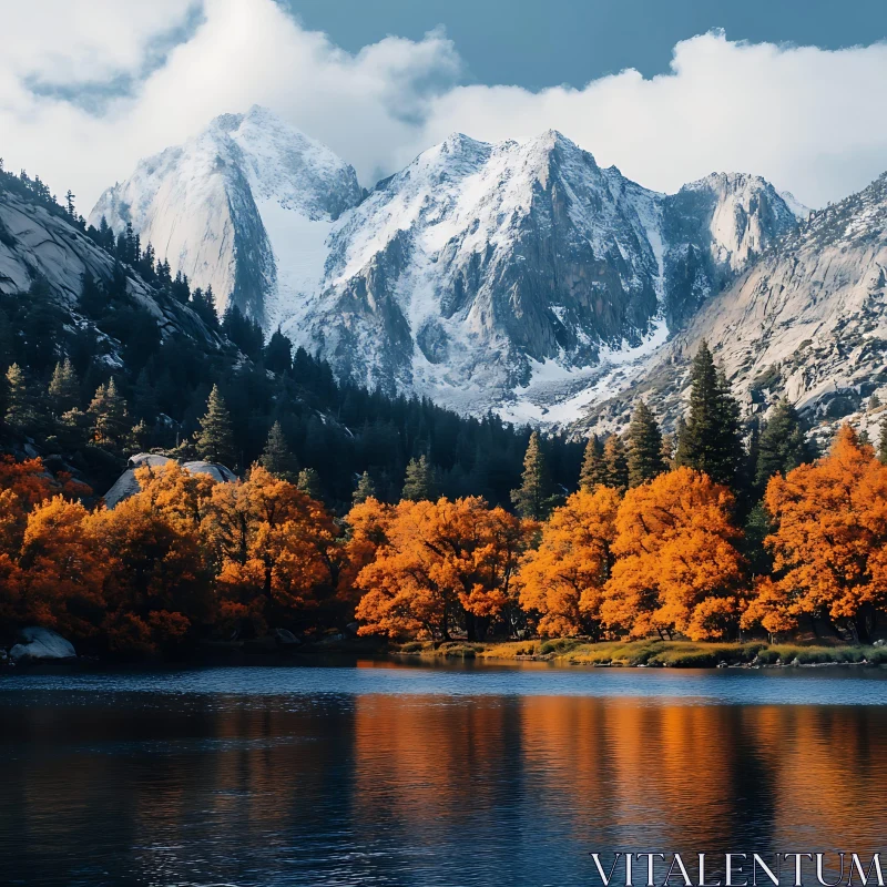 Snow-Capped Mountains and Reflective Lake with Fall Colors AI Image