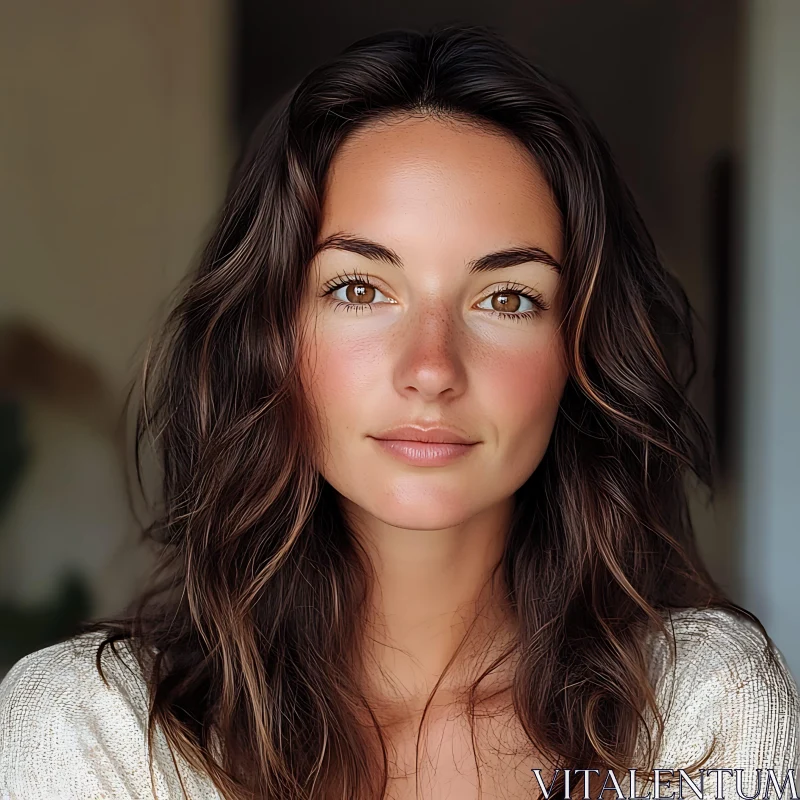 Natural Female Portrait with Brown Hair and Eyes AI Image