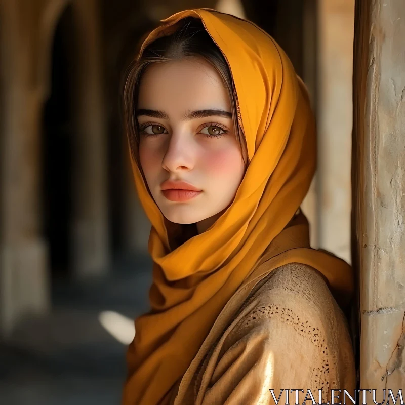 Expressive Eyes and Mustard Headscarf Portrait AI Image