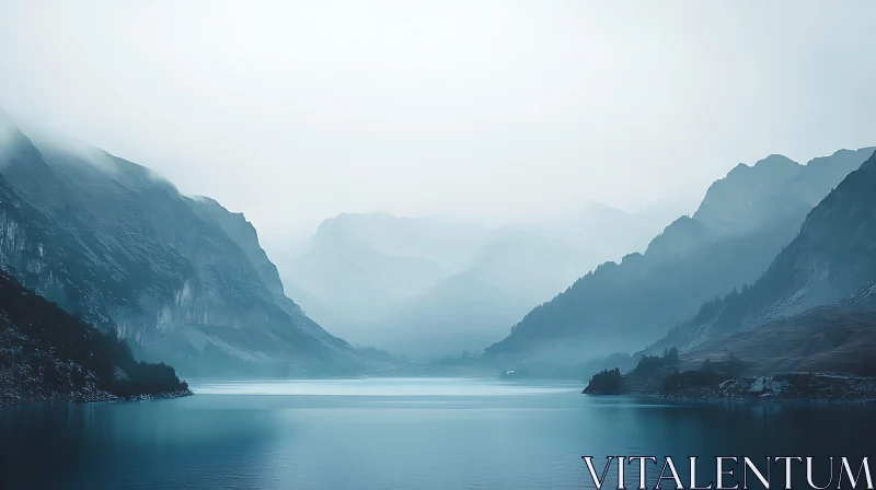 Tranquil Lake Amidst Misty Peaks AI Image