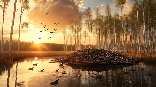 Golden Hour in a Peaceful Birch Forest by the Lake