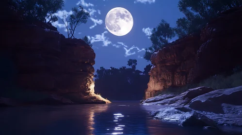 Moonlit Canyon and Calm Night Waters