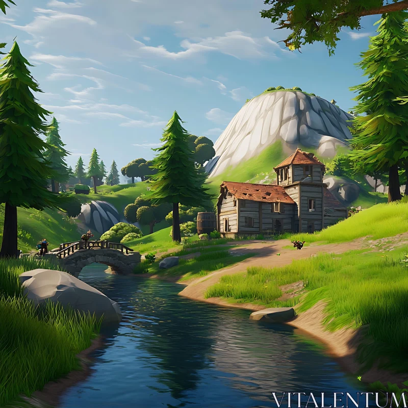 Peaceful Nature Landscape with Cabin and Stream AI Image