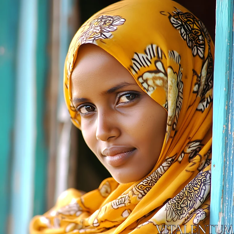 Close-up Shot of a Woman in a Yellow Hijab AI Image