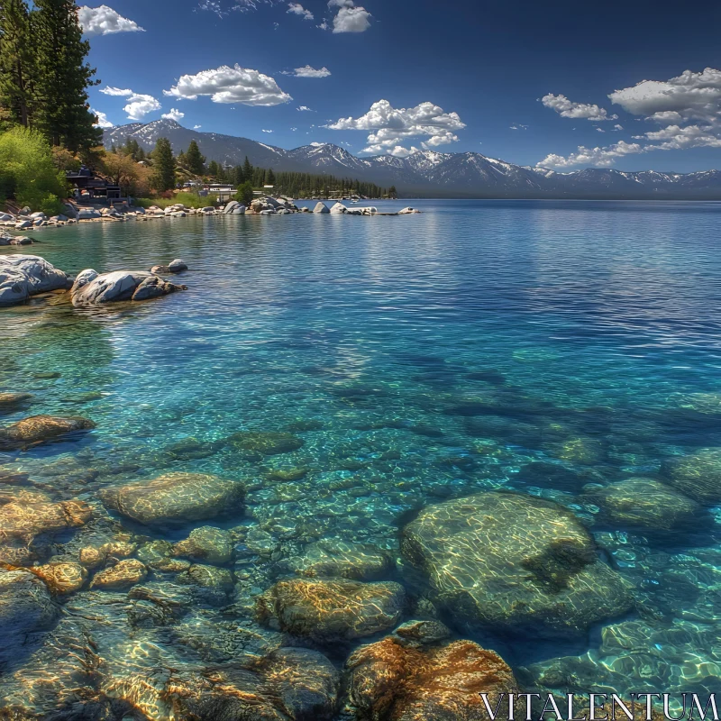 Serene Mountain Lake with Rocks and Clear Waters AI Image