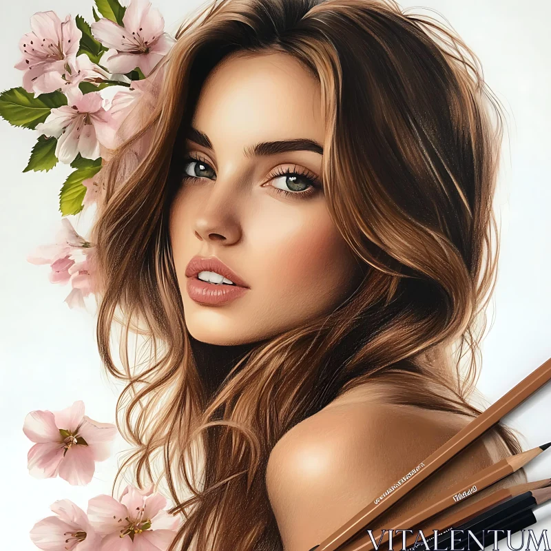 AI ART Brunette Woman and Blossoms Artwork