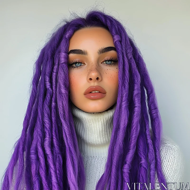 Portrait of Woman with Purple Dreadlocks and Freckles AI Image