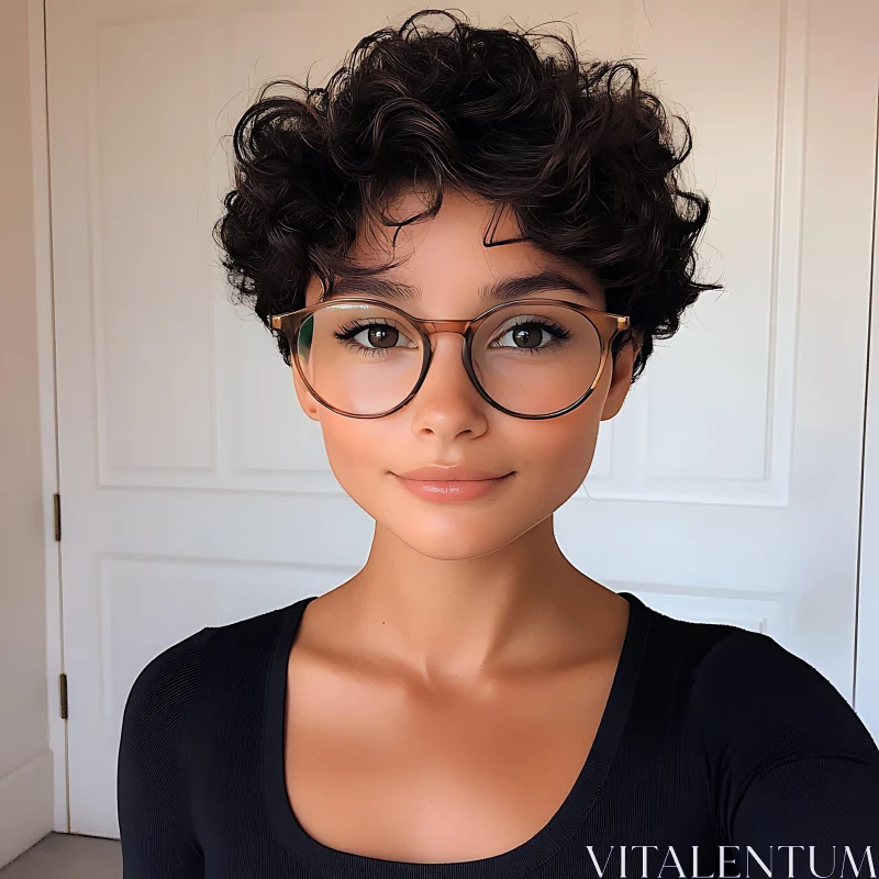 Young Woman with Short Curly Hair and Tortoiseshell Glasses AI Image