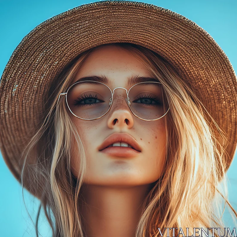 Portrait of Fashionable Woman with Hat and Glasses AI Image