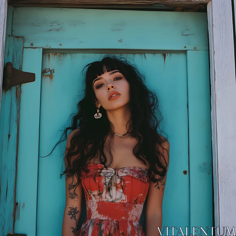 Artistic Woman Portrait Against Turquoise Door AI Image