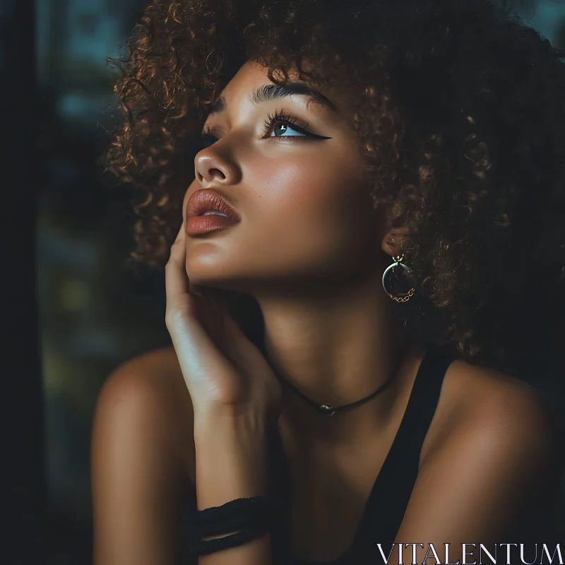 Curly-Haired Woman Portrait in Thoughtful Pose AI Image