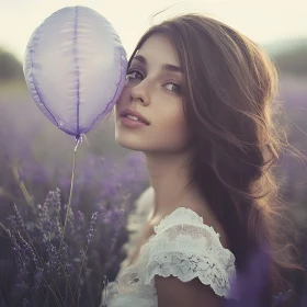 Young Woman with Lavender Balloon in Field