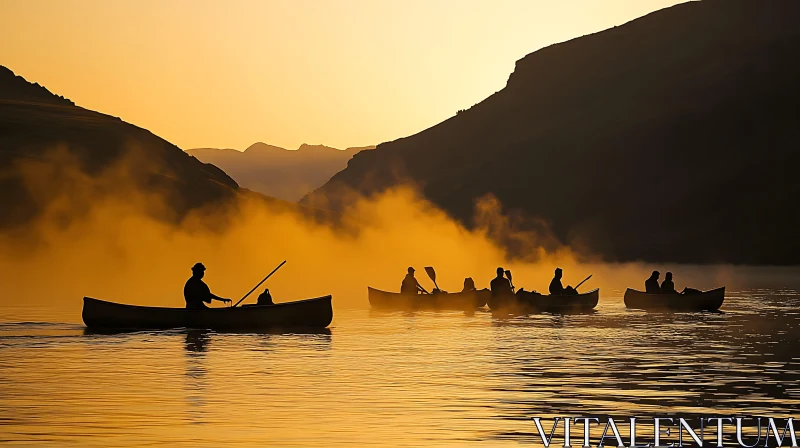 Morning Canoe Trip with Mist and Mountains AI Image