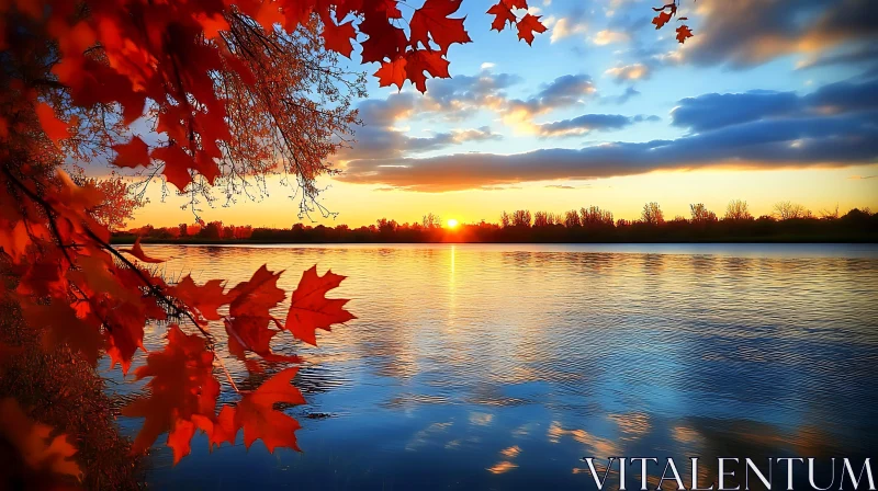 Sunset Serenity: Autumn Leaves and Reflective Waters AI Image