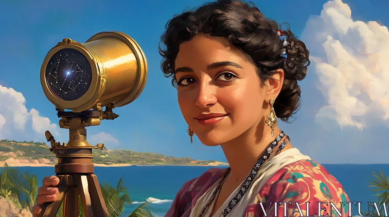 AI ART Woman Observing Stars with Brass Telescope at Beach