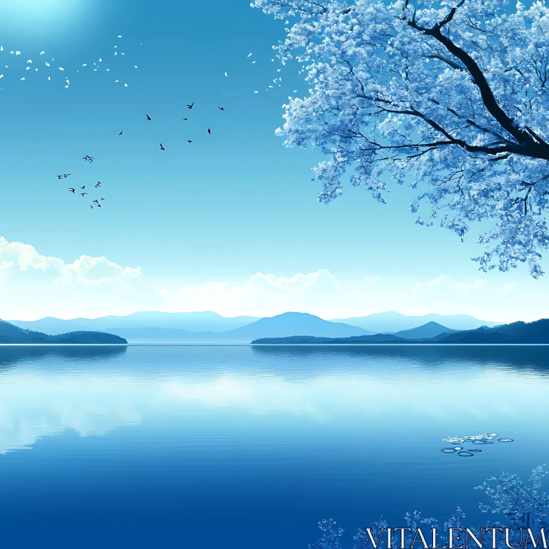 AI ART Peaceful Lake with Blossoming Tree and Mountain Views