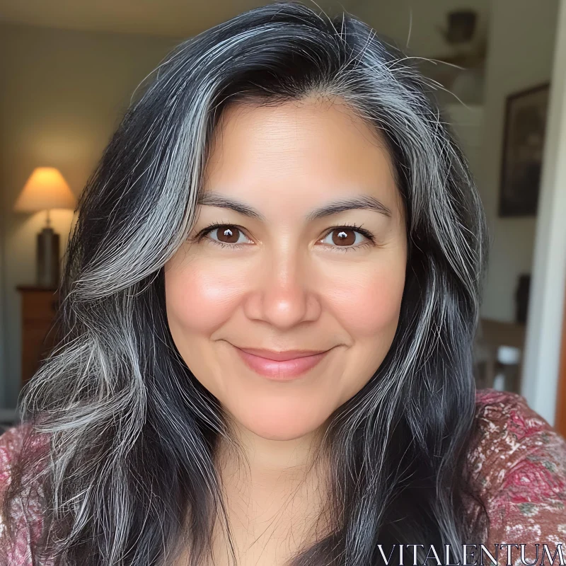 Smiling Woman Close-Up with Black and Gray Streaked Hair AI Image