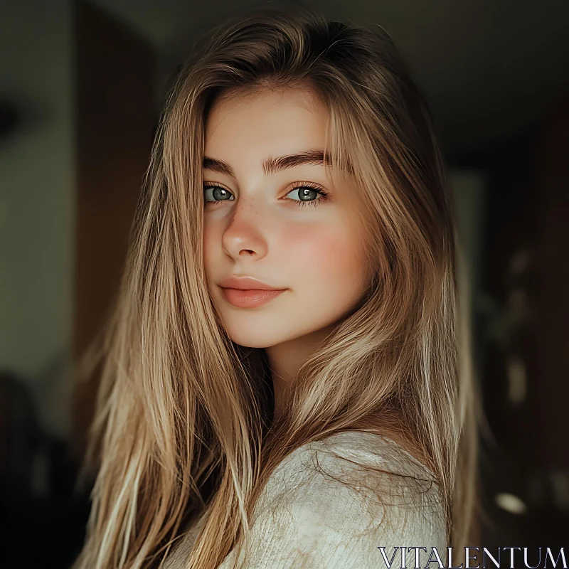 Portrait of a Young Woman with Long Blonde Hair AI Image