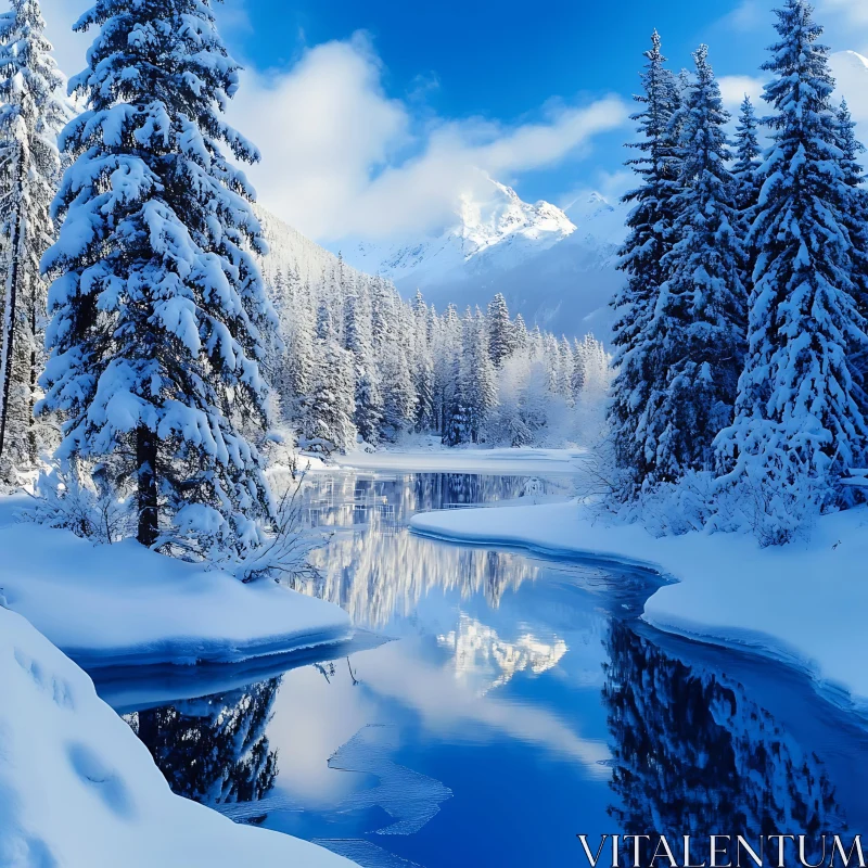 AI ART Snowy Pine Forest with River and Mountain Vista