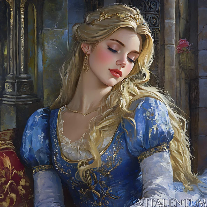 Elegant Princess in Historic Setting - Blue Gown and Golden Tiara AI Image