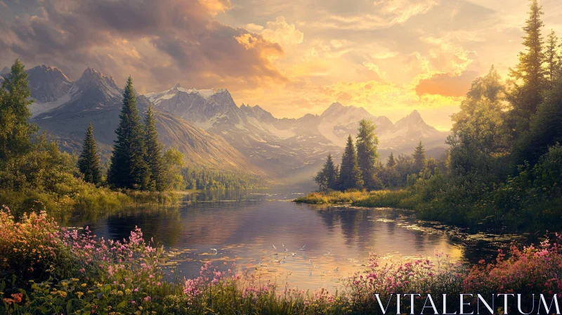 AI ART Sunset over Majestic Mountains and Tranquil Lake