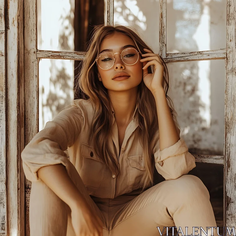 Stylish Woman Posing Comfortably with Round Glasses AI Image