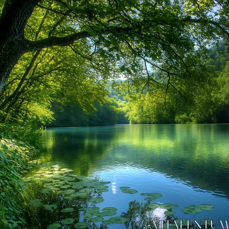 Serene Lake with Reflections and Greenery AI Image