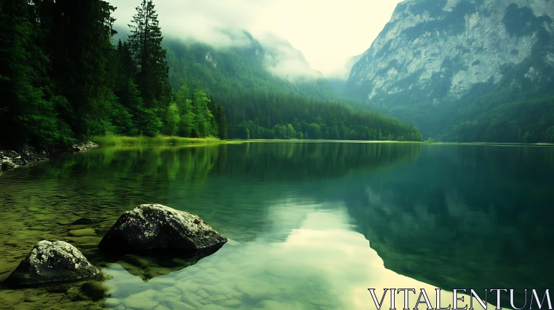 Serene Lake with Forest and Mountain Reflections AI Image