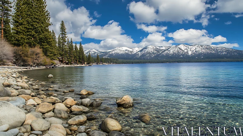 Tranquil Lake Scene with Rocky Shores AI Image