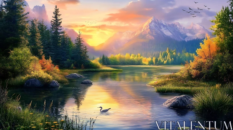 Lake Landscape with Mountains and Sunset Colors AI Image